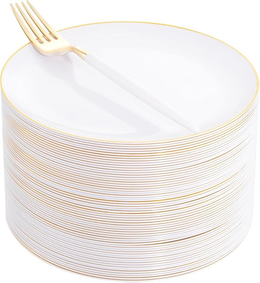 I00000 72PCS White Plastic Dessert Plates 7.5" with 72PCS Disposable Forks 8.5", Disposable White Dessert Plate, Fancy Salad Plates with Gold Rims Perfect for Wedding