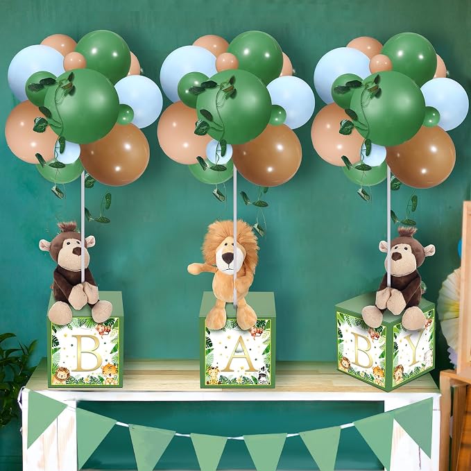 Lenwen 3 Sets Jungle Animal Decoration for Baby Shower Letter Boxes Baby Shower Table Centerpiece Stuffed Animals Balloon with Stand Plush Boxes for Party(Cute,Lion, Monkey)