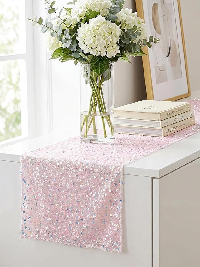 FEXIA Pink Sequin Table Runner 12x72 Inches, Sparkly Blush Table Runner for Wedding Party Shimmer Fabric Table Decoration for Bridal Shower Birthday Baby Shower Ocean Themed Party for Dining Room