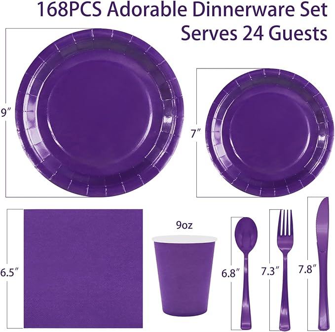 Purple Paper Plates Party Supplies,168pcs Purple Plates and Cups and Napkins Set for Mardi Gras Birthday Decorations Disposable Dinnerware Sets for Women Serve 24