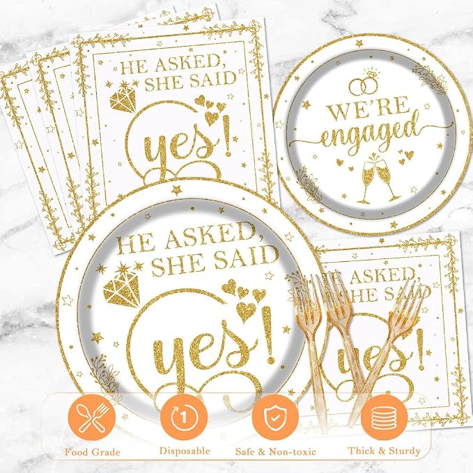 Happy Engagement Party Tableware Set 96 Pcs Engagement Disposable Plates Napkins Forks She Said Yes Wedding Bridal Shower Decorations Serve 24 Guests