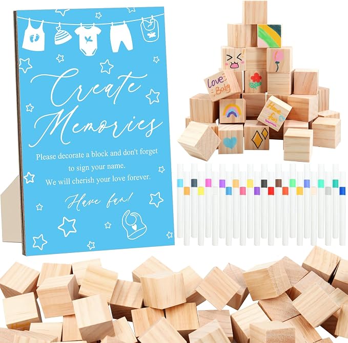 97 Pcs Blue Baby Shower Games Sign Kit,Including Decorate a Block Game Sign 72 DIY Blank Wooden Block 24 Painting Pen to Draw Your Idea for Baby Shower Game Gender Reveal Party
