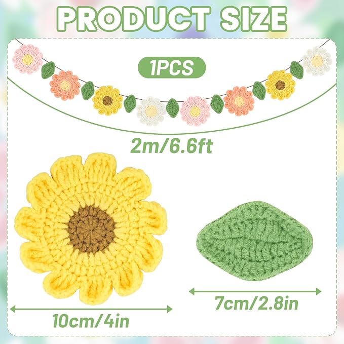 Handmade Crochet Flower Garland, Felt Flower Garland for Girl Nursery Decor, Daisy Garland for Birthday Party, Boho Room Wall Hanging Decoration, Girl 1st Birthday Decor
