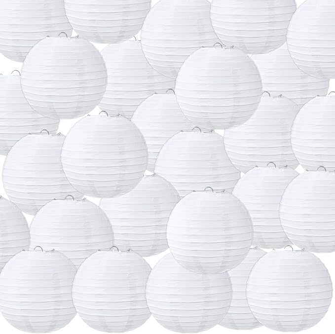 Treela 48 Pack White Chinese Japanese Paper Lanterns Decorative Hanging Round Paper Lantern Lamps for Wedding Birthday Party Decorations (8 Inch)