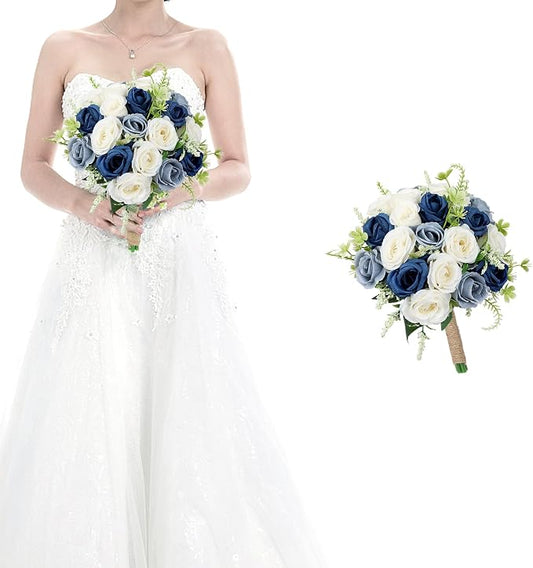 Bridesmaid Bouquets for Wedding - 7 Inch Artificial Flower Bouquet for Party Ceremony Anniversary Dinning Table Centerpieces Decor -Navy Blue & Dusty Blue & White