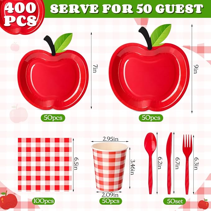 400 Pcs Back to School Party Supplies Serve 50, Apple Paper Plates Napkins Cups Apple Decoration Red Gingham Tableware Set for Last/First Day of School Party Supplies
