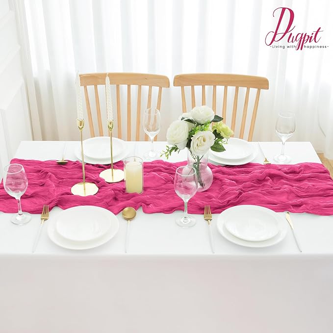 4Pack Hot Pink Cheesecloth Table Runner 10FT Gauze Hot Pink Cheese Cloth Table Runner 35x120Inch Long Boho Spring Easter Table Runners Rustic Sheer Table Runners for Wedding Baby Bridal Shower Decor