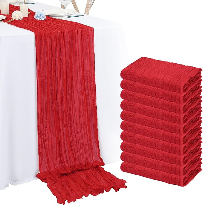10 Pack Red Cheesecloth Table Runner 10FT Boho Romantic Gauze Table Runner 20 x 120 Inch Rustic Sheer Runner for Wedding Party Bridal Shower Thanksgiving Christmas Decoration