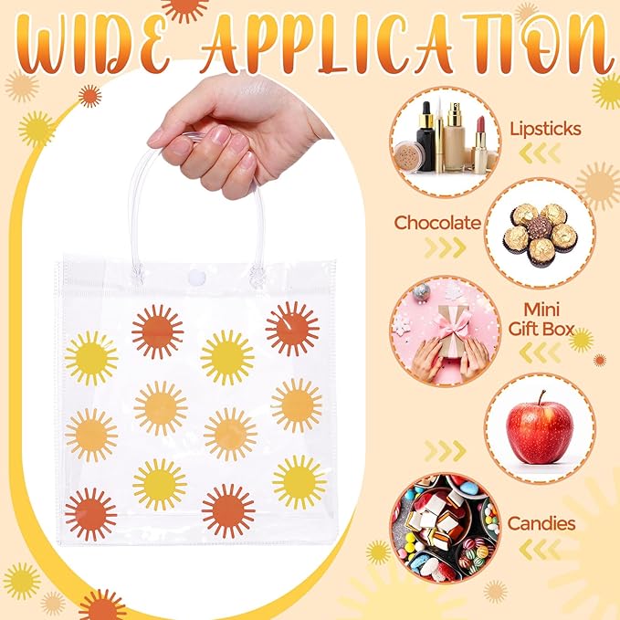 Kacctyen 24 Pcs Boho Sun Pattern Gift Bags for Party Favor Clear Boho Sun Goodie Bags with Handle 7.87 x 7.87 x 3.15 Return Gift Wrap Totes for Guests Treat Candy Wrapping