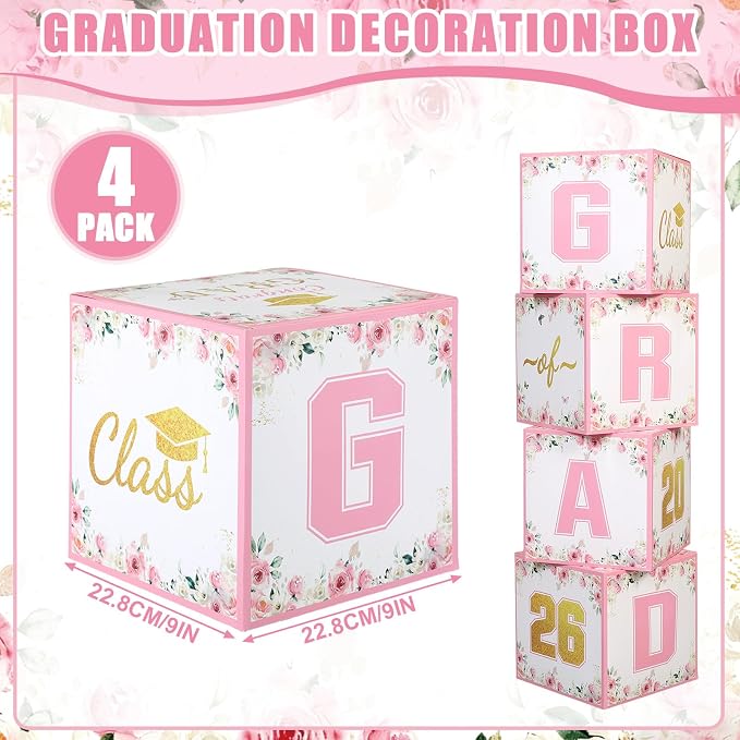 Qunclay 4 Pcs Pink Gold Floral Graduation Party Decorations Class of 2026 Floral Graduation Boxes Stackable Wildflower Congrats Grad Box for Pink Grad Theme Photo Prop Party Supplies