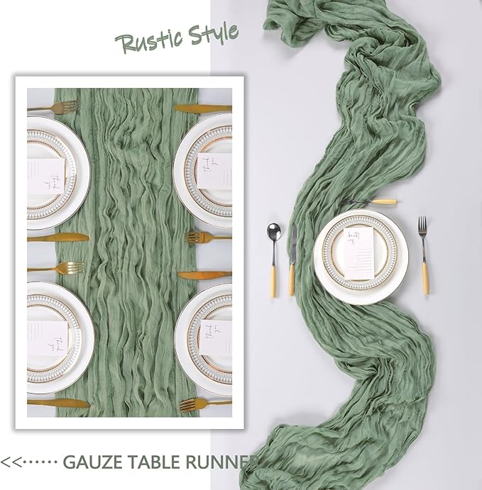 6 Pack Sage Green Cheesecloth Table Runner 10Ft Spring Gauze Cheese Cloth Table Runner 35x120 Inch Boho Sheer Rustic Fabric for Holiday Party Decor Baby Shower Wedding Home Decorations