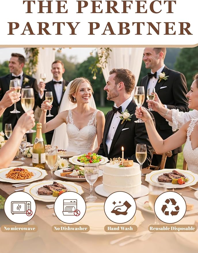 WDF 100PCS Ivory Plastic Plates with Gold Rim - Cream Plastic Plates - Include 50 Dinner & 50 Dessert Fancy Disposable Plate for Party - Heavy Duty Beige Plate for Baby Shower/Wedding/Mother's Day