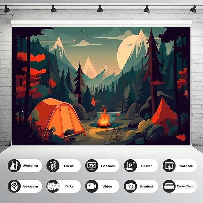 Cartoon Camping Adventure Backdrop Mountain Forest Stream Scenery Outdoor Campfire Photography Background Camper Tent Theme Birthday Party Backdrop Climbing Hiking Backpacks Background 5x4ft