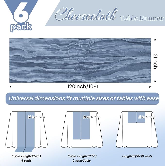 6 Pack Dusty Blue Cheesecloth Table Runner 21x120 Inches, Boho Gauze Rustic Semi Sheer Cheese Cloth Table Runners for Easter Wedding Bridal Baby Shower, Birthday Party, Long Farmhouse Table Decor