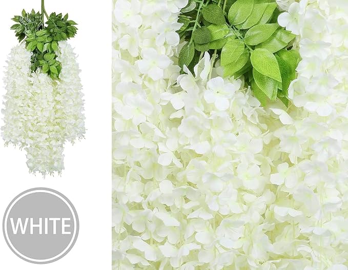 U'Artlines 36 Pack (Total 139 Feet) Artificial Fake Wisteria Vine Rattan Hanging Garland Silk Flowers String Home Party Wedding Decor (36, White)