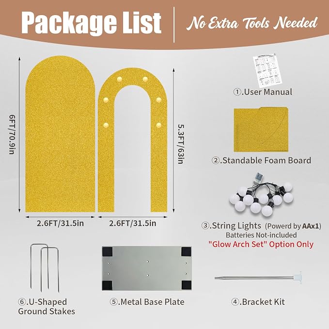 6FT Arch Backdrop with Stand Set, Lighted Arch Set, No-Tip Stability Glow Foam Board Photo Booth Background for Wedding Birthday Party Ceremony Baby Shower Banquet Decoration Reusable - Gold