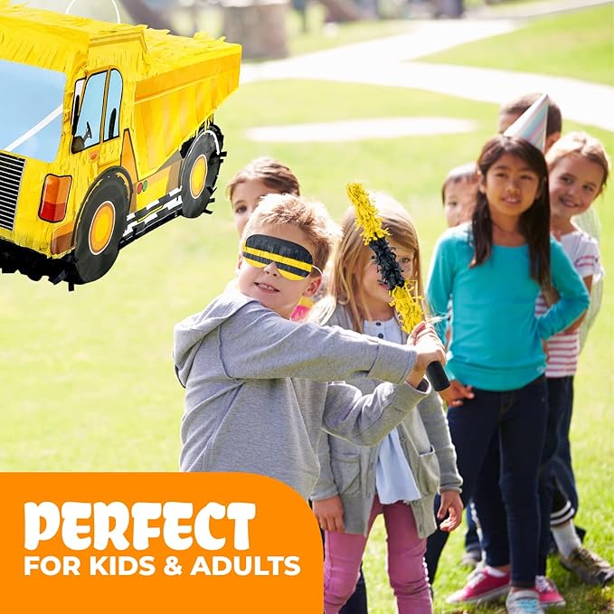 Small Dump Truck Pinata Bundle with a Blindfold and Bat(16 x 9 x 6.5 Inches), Kids Excavator Pinata for Construction Birthday Parties, Boys Birthday Party Supplies