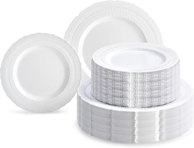 OCCASIONS 120 Guests Heavy Duty Disposable Plastic Plates Set – 240 Piece Premium Reusable Dinner & Salad Plates, Elegant Fancy Party Plates for Weddings, Events, Parties – Chateau White Collection