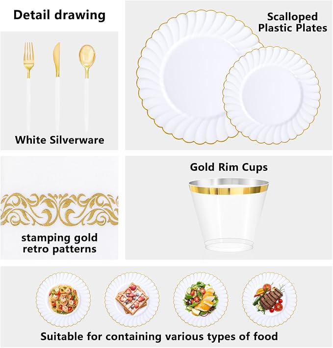 Ciaell 175 PCS White Scalloped Plastic Plates with Gold Trim - Gold Plastic Silverware with Handle - Fancy High-End Dinnerware Sets for Wedding & Party(25 Guests)