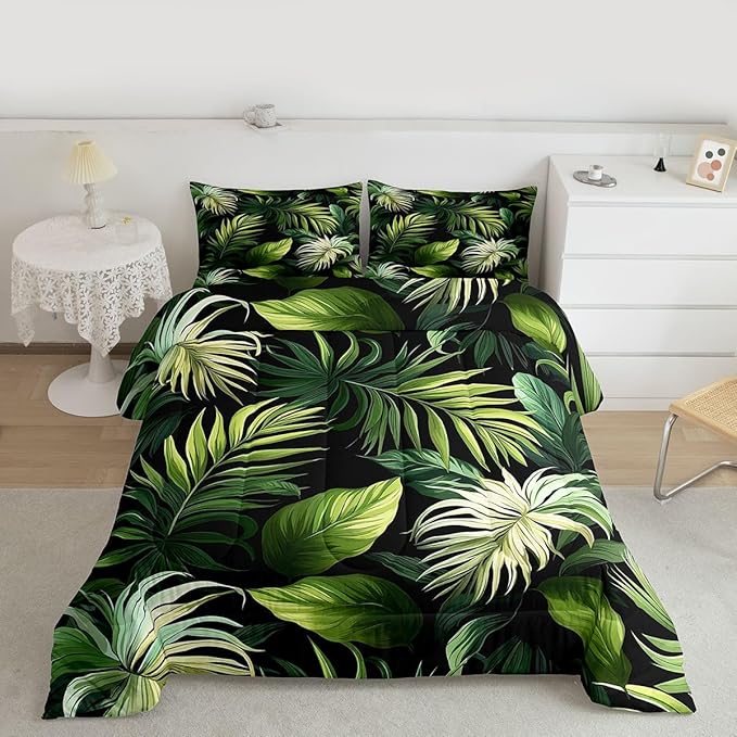 Feelyou Tropical Leaves Comforter Set Queen Size Kids Palm Tree Print Comforter for Boys Girls Teens Leaf Pattern Bedding Set Botanical Leaf Branches Duvet Set Botanical Quilt