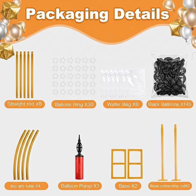 Balloon Arch Stand Kit Set with 145PCS Different Sizes Black Balloons – Metal Wedding Backdrop Frame with 8 Water Bags, Gold Semi-Open Arch for Birthday, Party Decorations Indoor Outdoor.