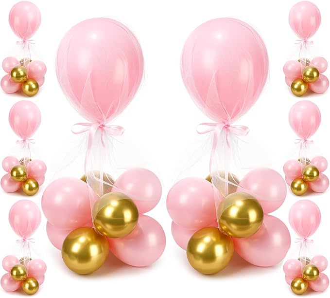 BBTO 8 Set Pink Gold Table Centerpieces Balloons Stand Kit, Latex Balloons and Table Stand Holder with Base Tulle for Wedding Birthday Grad Prom Centerpieces Party Back to School Baby Shower
