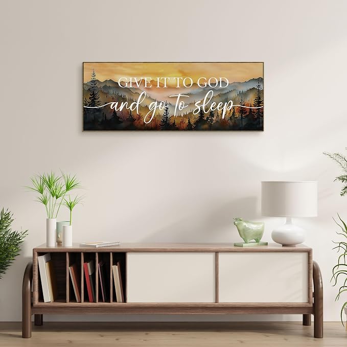 TLESKE Give It to God and Go to Sleep Sign Large Wall Art Decor 15x40 | Fall Mountain Landscape Canvas Wall Art Framed Print for Bedroom Living Room, Forest Sunset Wall Artwork Picture
