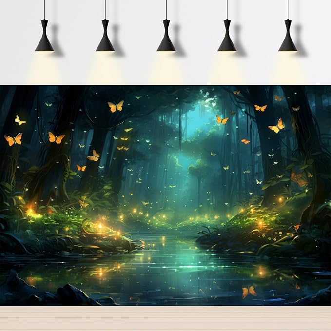 Fantasy Stream Backdrop Night Magical Forest Luminous Butterfly Stream Photography Background Rainforest Jungle Tree Natural Landscape Backdrop Decors Night Wonderland Background Props 10x6.5ft