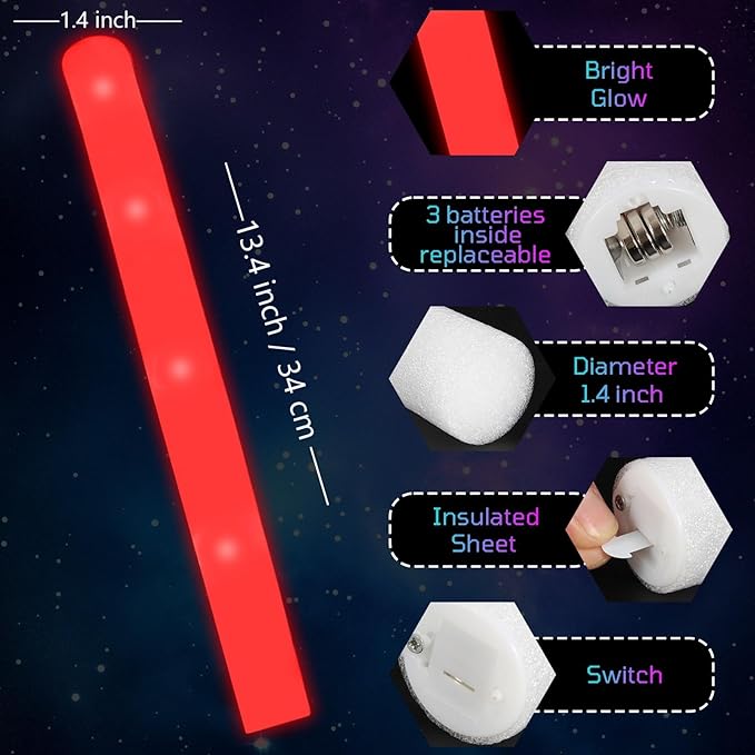 Foam Glow Sticks Bulk, 40 Pack Red Light Up Foam Sticks 3 Modes Flashing, Glow Party Supplies for Valentine's Day, Wedding,Raves, Carnival, Concert, 4th of July, Halloween, Christmas