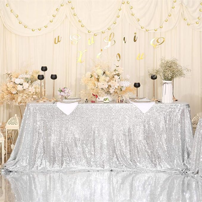 Eternal Beauty Silver Tablecloth, 50x80 Inch Sequin Rectangle Glitter Table Cover for Cake Dessert Exhibition Party Birthday Events