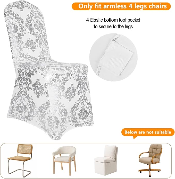 Pack of 6 Dining Chair Covers Bronzing Silver Flower Print Removable Washable Spandex Stretch Decorative Chair Slipcovers Set for Party Wedding Home Decorations - Silver+White