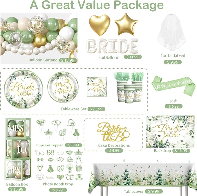 cocomigo 320 PCS Sage Green Bridal Shower Decorations, Hassle-Free One-Stop Set for 25 Guests, With Bride to Be Balloon, Backdrop, Plates and Napkins, Easy Setup for Female Bridal Shower