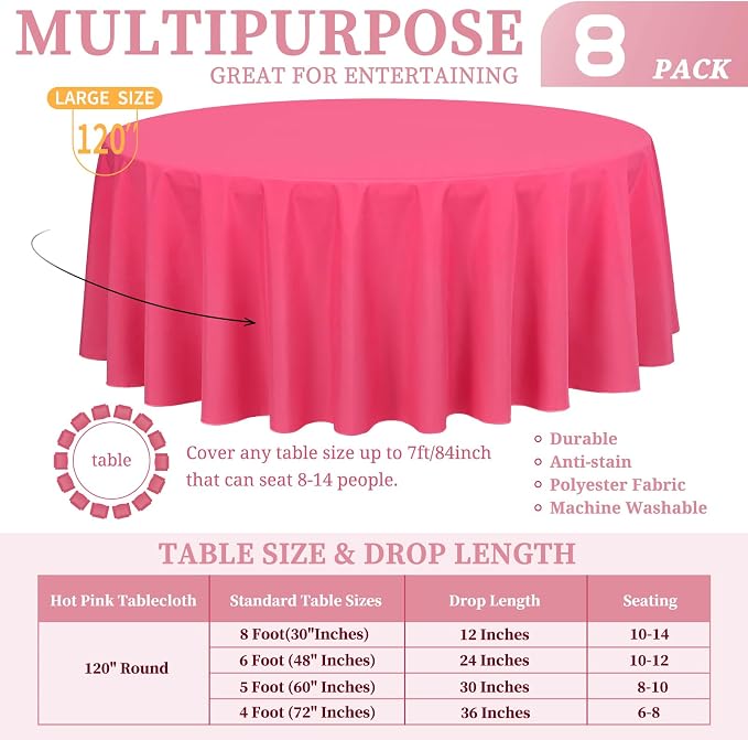 Showgeous 8 Pack Hot Pink Round Tablecloth 120 Inch Polyester Table Cloth for Round Tables Washable Decorative Fabric Table Covers for Wedding Dining Party