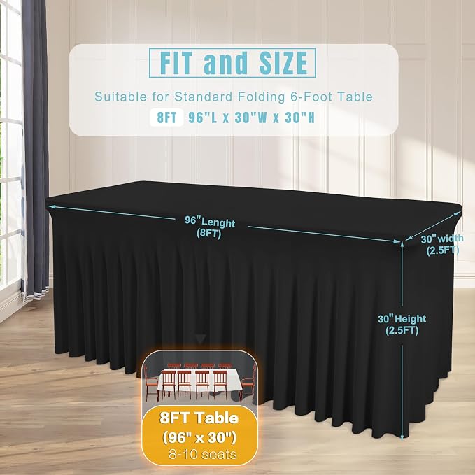 2 Packs Black Table Clothes for 8 Foot Rectangle Tables, Wrinkle Resistant Stretch Spandex Table Covers Fitted Tablecloth with Skirt for Event Banquet Wedding Birthday Party