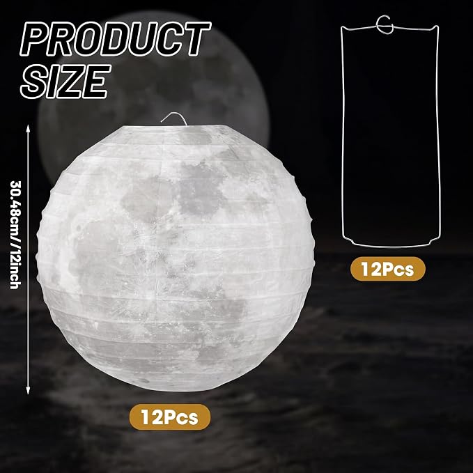 Baquler 12 Pcs 12" Back to School Moon Lanterns Classroom Ceiling Hanging Decoration Space Moon Party Birthday Decorations Decorative Grey Hanging Ball Paper Lanterns for Room Classroom Party