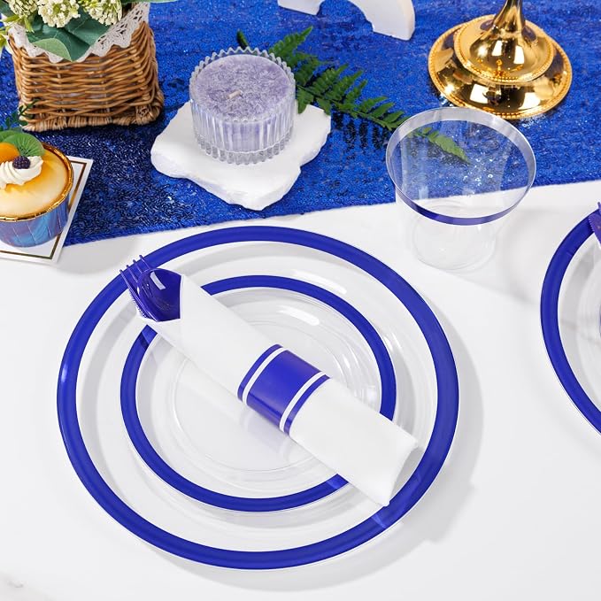 Liacere 350PCS Blue Plastic Plates - Clear with Blue Trim for 50Guests Dinnerware Include 100 Clear Plates disposable 150 Silverware 50Napkins for Wedding＆party&Graduation&Summer