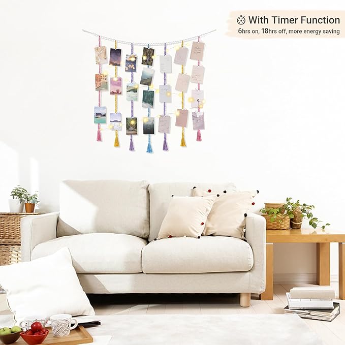 Mkono Macrame Hanging Photo Display Wall Decor with String Lights and Macrame Hanging Shelf for Bedside Shelf Organizer with Hooks