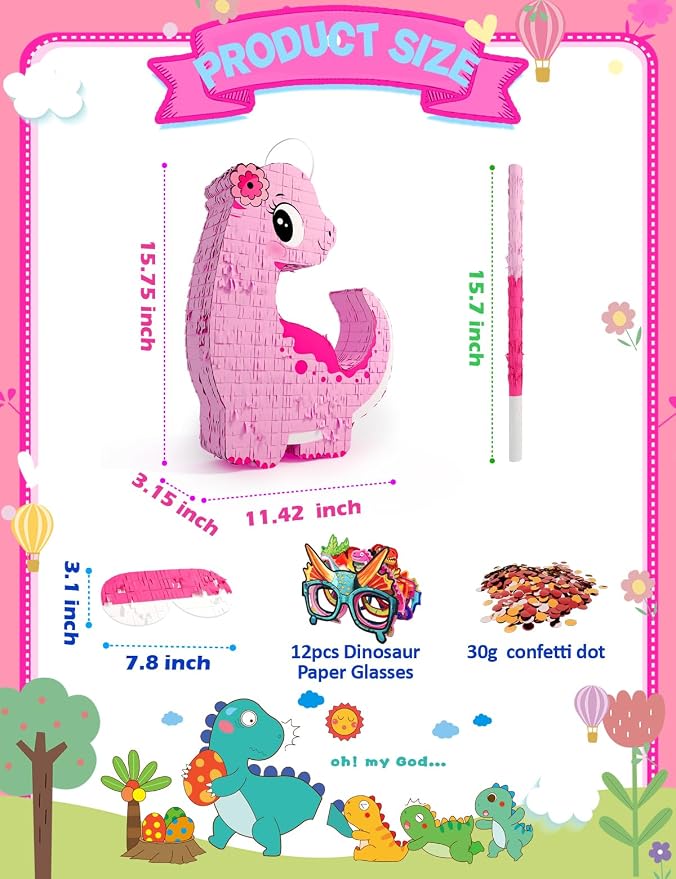 Pink Dinosaur Piñata Girls, Piñata de Dinosaurio para niñas with 12pcs Paper Glasses, Wood Stick, Confetti and Blindfold, Dino Piñata for Birthday Party Decorations（16"x12.6"x3.5"）
