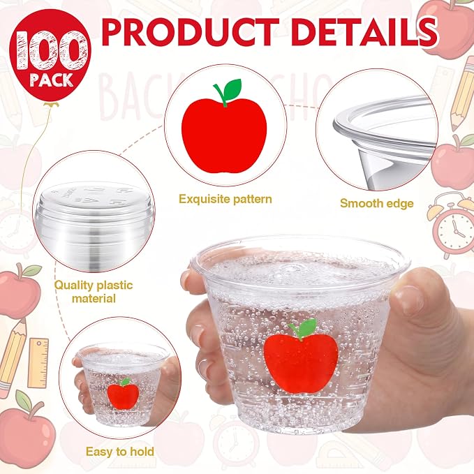 LemonRoad 100 Pack Apple Theme Cups Back to School Party Supplies 9 oz Red Apple Disposable Clear Plastic Cocktail Cups Hot Cold Beverage Drinks for Classroom First Day of School Table Decorations