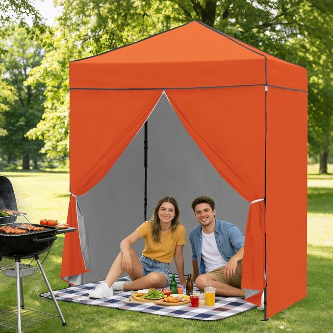 6x4 Pop Up Canopy Tent with Four Wall Panels, Instant Portable Beach Canopy, Outdoor Tent with Carry Bag for Camping, Sports, Tailgating, Events, Orange
