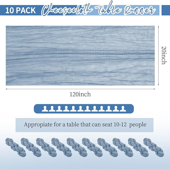 10 Pack Dusty Blue Table Runner 10Ft Cheesecloth Table Runner Boho Gauze Cheese Cloth Table Runners Romantic Long Sheer Fabric Table Runners for Wedding Party Bridal Shower