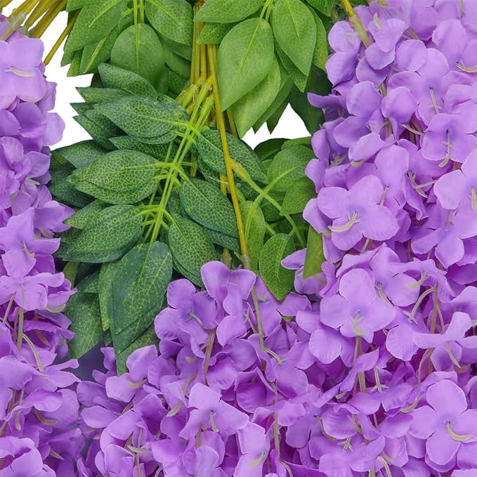 Pauwer Wisteria Hanging Flowers 12 Pack Fake Flower Garland Artificial Wisteria Vines Rattan Silk Flower String Wedding Party Wall Decorations,Purplete