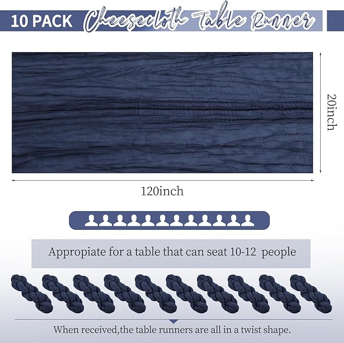 10 Pack Navy Blue Table Runners 10Ft Cheesecloth Table Runner Boho Gauze Table Runner Romantic Long Sheer Fabric Cheese Cloth Table Runners for Wedding Party Bridal Shower(Navy Blue)