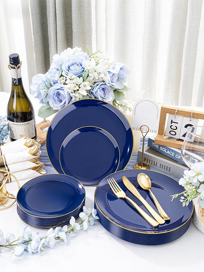 WDF 150pcs Blue plastic Plates - Navy Blue Plates Disposable - 25guest Disposable Dinnerware Sets for Party/Wedding/Birthday/Graduation