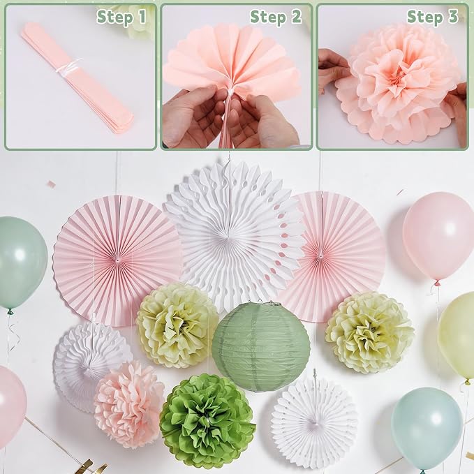EASY JOY Sage Green and Pink Party Decorations Green Birthday Decorations Sage Tissue Pom Poms Paper Lanterns White Paper Fans (11pcs) for Women Girls Birthday Wedding Bridal Shower Baby Shower