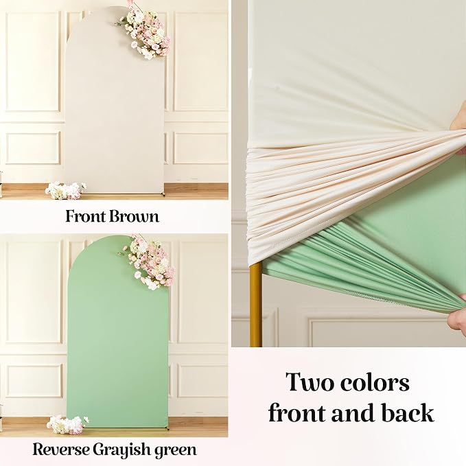 7.2FT 6FT Arch Backdrop Cover for Party, Set of 2 Stretchy Spandex Fitted Arch Stand Cover for Baby Shower, Birthday Wedding Decor, Chiara Backdrop Cover with Double-Sided Design(Beige, Green)