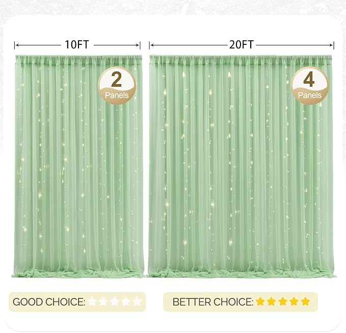 30x10ft Olive Green Tulle Backdrop Curtain with Lights String for Parites, Sheer Photo Backdrop Curtains with Lights for Wedding Backdrop Ceremony Reception Bridal Shower Baby Shower Birthday Party