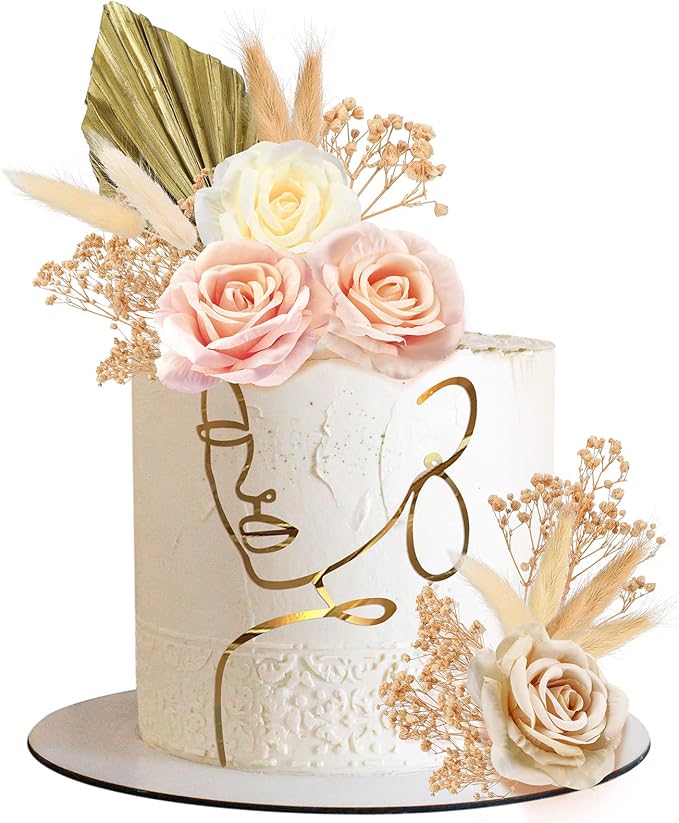 21 Pcs Boho Cake Topper Decorations Acrylic Minimalist Art Lady Gold Face Vintage Artificial Rose Flower Wedding Cake Toppers for Wedding Bridal Shower