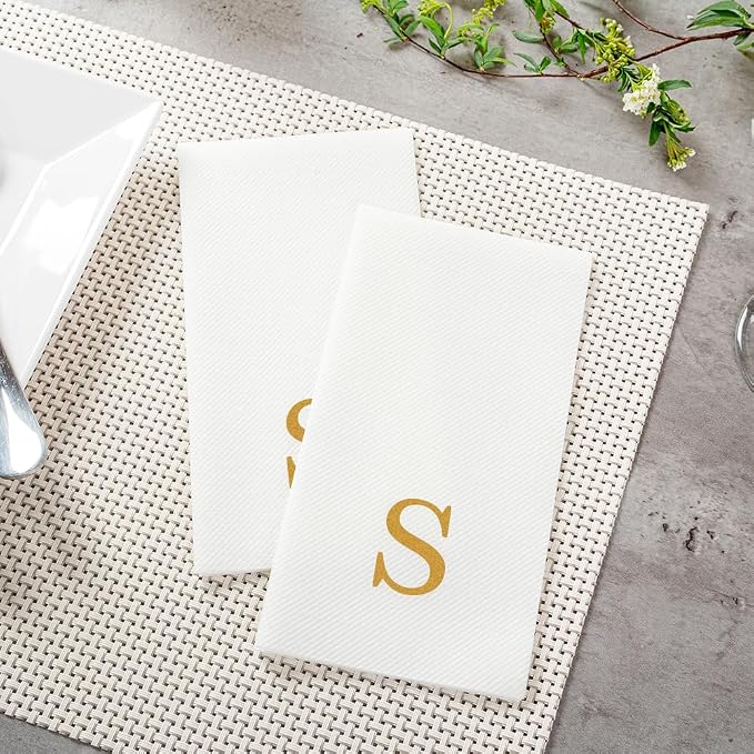 Luxenap 15.8 X 7.9 Inch Linen-Feel Guest Towels, 50 Lettered Hand Towels - Gold Letter 'S', Sans Serif Font, White Paper Dinner Napkins, airlaid, For Restrooms And Tables