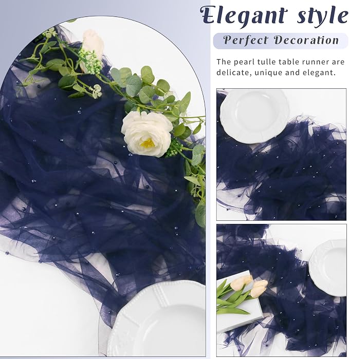 Pearl Table Runner 29 x 120 Inch Tulle Fabric Lace Table Runners for Bridal Shower Birthday Party Wedding Arch Dessert Table Decor(1 Pack, Navy Blue)